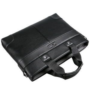 Business style black leather men's briefcase with textured finish and top handles