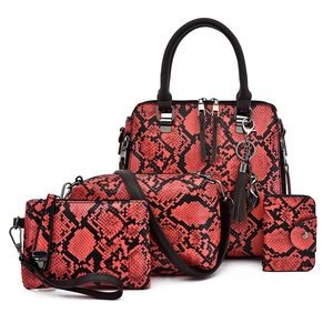 Red and black 4-piece crocodile pattern tote bag set with crossbody and clutch