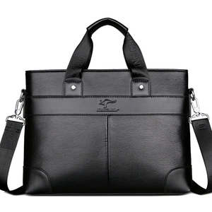 Classic black grain leather business briefcase for men with adjustable shoulder strap