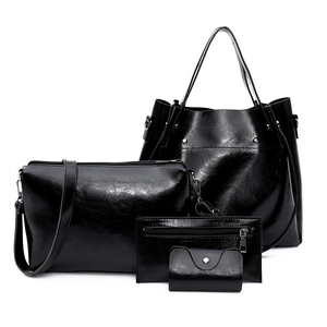 Juego de 4 bolsos de mujer negro brillante que incluye bolso tote, cartera y pochette