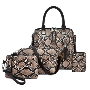 4-piece brown snakeskin pattern handbag set with crossbody, clutch and wallet