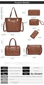 Detailed size chart for six-piece PU leather handbag set showing dimensions for tote and crossbody bags