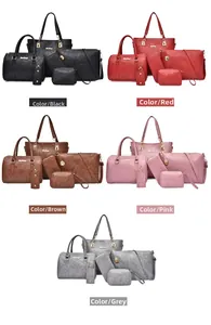 Detail showing 6-piece handbag set colors in lychee grain leather with metal zippers