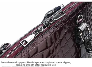 Detail of high-gloss crocodile embossed leather with premium metal zipper and hardware