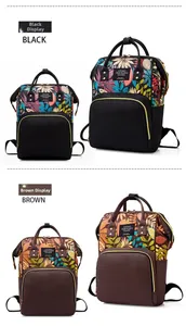 Detail of tropical leaf print and sturdy top handles on black and brown backpacks