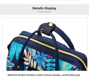 Detail of tropical leaf print backpack showing wide dual handles and metal button closure