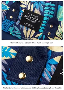 Reinforced stitching and metal rivets on the handle base of the tropical print tote bag