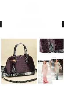 Detail of purple croc-embossed handbag with snakeskin pattern accents and silver hardware