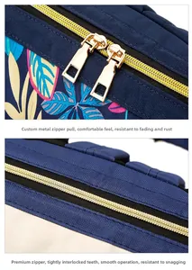 Detail of durable dual golden metal zippers on floral print canvas backpack