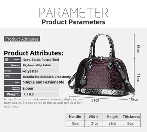 Detailed view of crocodile pattern handbag with dimensions and specific weight information