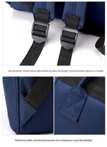 Detail view of reinforced stitching and adjustable black nylon shoulder straps on the backpack