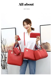 Detailed six-piece red leather handbag set shown with model in a bright interior