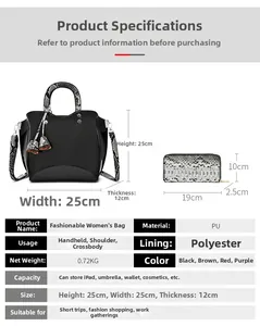 Detailed size chart of the PU leather handbag with snake pattern handles and dimensions