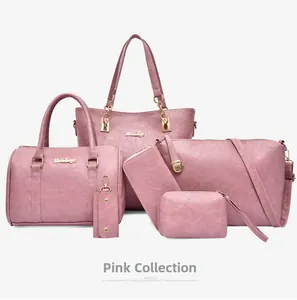 Pink 6-piece women's handbag set featuring tote, satchel, and wallet with gold hardware