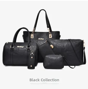 Detailed 6-piece black faux leather handbag set featuring lychee texture and gold hardware