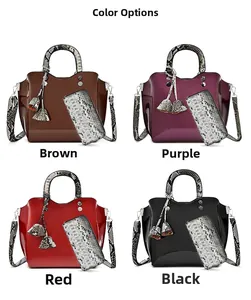 Set of four glossy patent leather handbags and wallets in brown, purple, red, and black