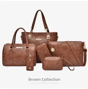 Detail of 6-in-1 brown retro PU leather handbag set with tote, clutch and gold hardware