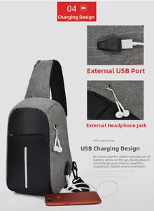 Detalle del bolso de pecho antirrobo con puerto de carga USB y conector para auriculares