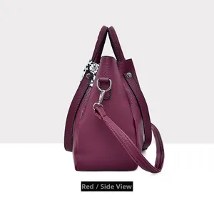 Detail of red pebbled leather tote featuring snake pattern side panels and silver hardware