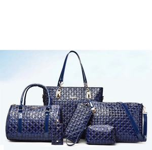 Detail view of navy blue patent leather 6-piece handbag set with geometric diamond pattern