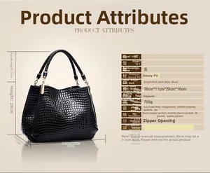 Close-up of black crocodile pattern handbag showing woven handle and detailed dimensions