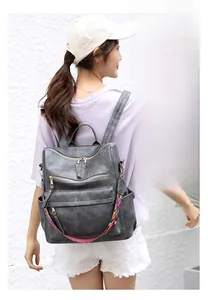 Dettaglio dello zaino retro in pelle grigio scuro con tasche a zip e tracolla colorata