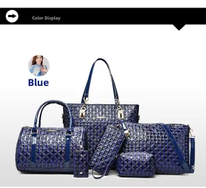 Detailed six-piece blue handbag set featuring geometric embossed texture and glossy finish