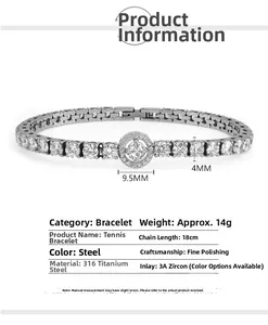 Detailed view of 18cm stainless steel tennis chain bracelet with 4mm zircon inlays