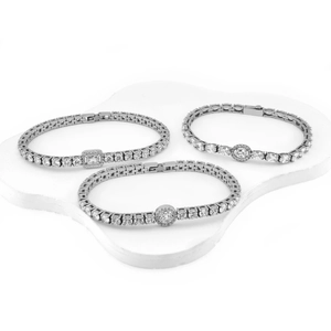 Elegant stainless steel tennis bracelets featuring rectangular and oval cubic zirconia