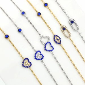 Pulseras de corazón en acero inoxidable con circonitas azules y blancas brillantes
