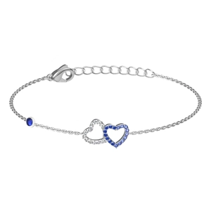 Elegante pulsera de corazón de acero inoxidable con circonitas azules en fondo blanco