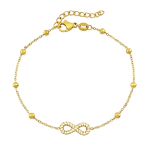 Golden titanium steel infinity bracelet with zircon stones and adjustable beads chain