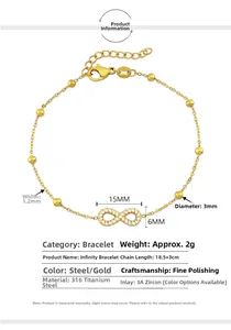 Close-up of gold infinity symbol bracelet with cubic zirconia and adjustable steel chain