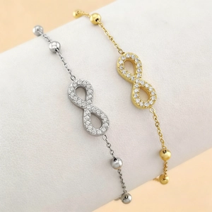 Infinity Symbol Bracelet Stainless Steel With Cubic Zirconia Beaded Chain Adjustable Minimalist Jewelry For Women