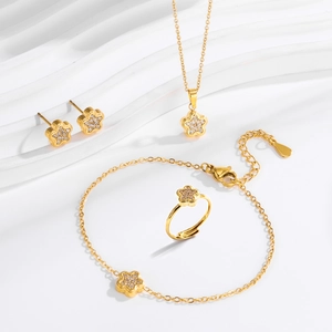 Set di Gioielli a Fiore in Acciaio Inossidabile di Lusso Francese per Donna Collana Bracciale Anello Regolabile Orecchini Placcati Oro 18K