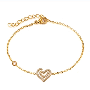 Gold stainless steel heart bracelet with cubic zirconia paving and adjustable chain
