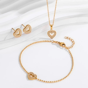 Heart Shaped Jewelry For Women Gold Plated Stainless Steel With Zircon Necklace And Bracelet And Earrings Elegant Style