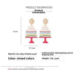 Size details of colorful birthday cake drop earrings with imitation pearls and enamel