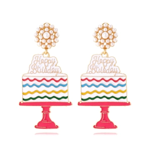 Birthday Cake Dangle Earrings With Enamel Drip Oil Imitation Artificial Pearls And Stainless Steel Earring Post Jewelry For Women