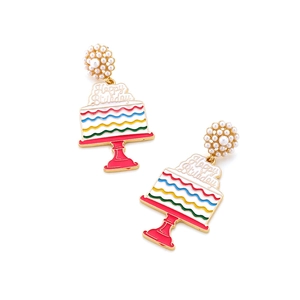 Colorful enamel birthday cake earrings with faux pearls and Happy Birthday inscription
