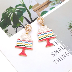 Colorful enamel cake earrings with Happy Birthday script and pearl top design