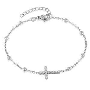 Bracelet croix en acier inoxydable plaqué 18K avec zircons et perles fines