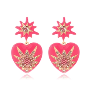 Boucles d'oreilles cœur vintage en émail rose avec strass et motif d'étoiles