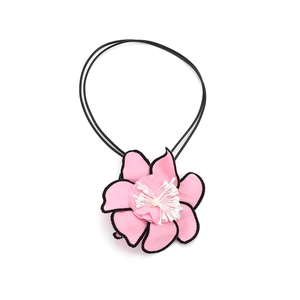 Handmade pink fabric flower pendant necklace with layered petals and black cord strap
