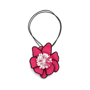 Minimalist handmade hot pink fabric flower pendant necklace with black cord and white stamens