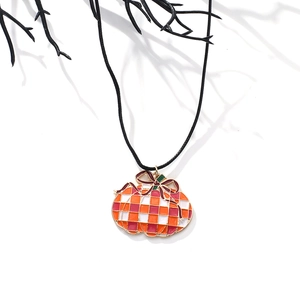 Minimalist pumpkin pendant necklace with orange plaid enamel and festive red bow detail