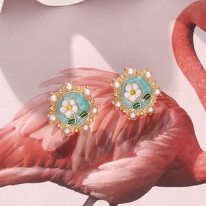 Vintage floral enamel earrings with pearls and pink flowers on a sky blue base