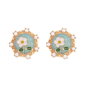 Elegant floral enamel stud earrings with pink petals, blue background and small pearls