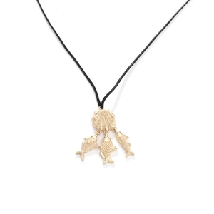Golden seashell and tropical fish pendant necklace with adjustable black cord on white background