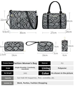Detailed size chart and material specs for the 5-piece snakeskin pattern tote bag set